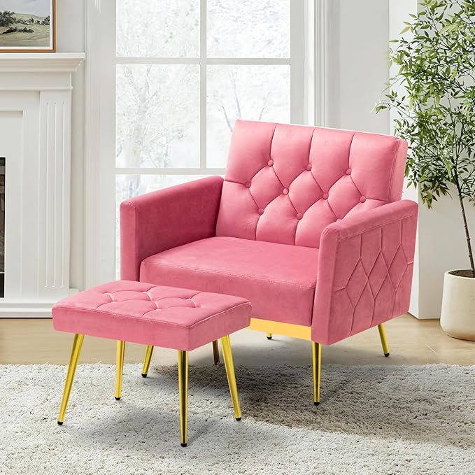 Velvet Accent Chair w/Adjustable Armrests and Backrests, Tufted Single Sofa with Ottoman, Upholstered Reading Chiar for Living Room, Apartment, Bedroom, Pink