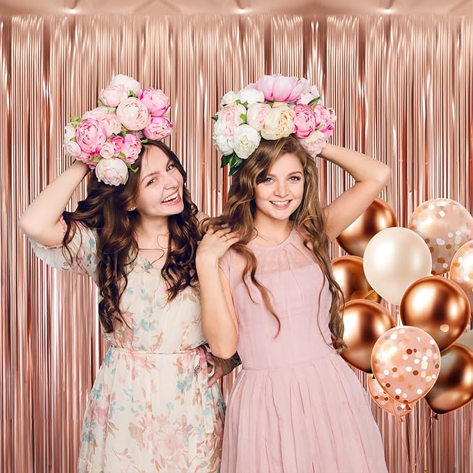 GOER 6.4 ft x 8.2 ft Metallic Tinsel Foil Fringe Curtains,Pack of 2 Party Streamer Backdrop for Birthday,Graduation Decorations and New Year Eve (Matte Rose Gold,Thick Material)