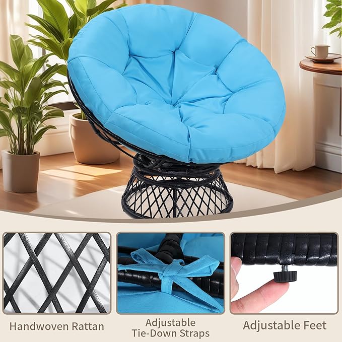 46" Giant Oversized Rattan Papasan Chair with Cushion and Frame for Adults, Fluid 360° Swivel, Waterproof, Black Frame with Blue Cushion