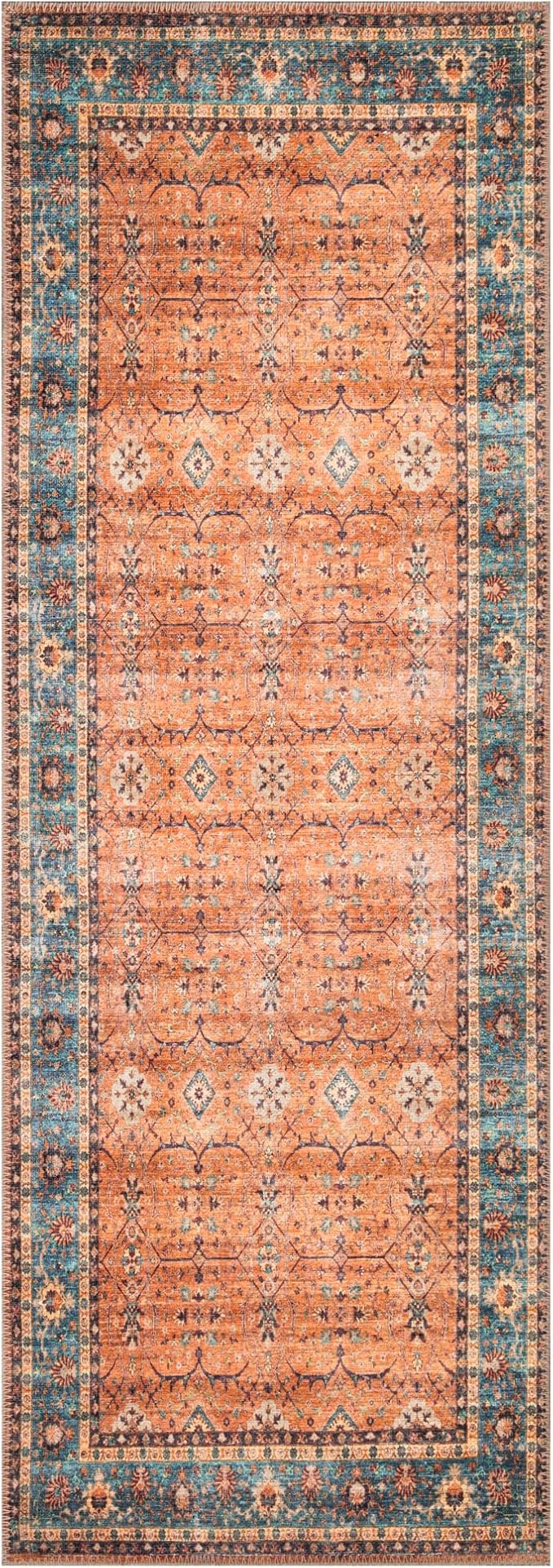 Bloom Rugs Washable Non-Slip 12 ft Runner - Orange/Teal Blue Traditional Bordered Runner for Entryway, Hallway, Bathroom, and Kitchen - Exact Size: 2.5' x 12'