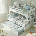 KOMFOTT Wood Twin Over Full Bunk Bed with Trundle, Bunk Bed Frame with Solid Pine Wood Frame, Space-Saving Bed Frame with Ladder & Safety Guardrails, No Box Spring Needed