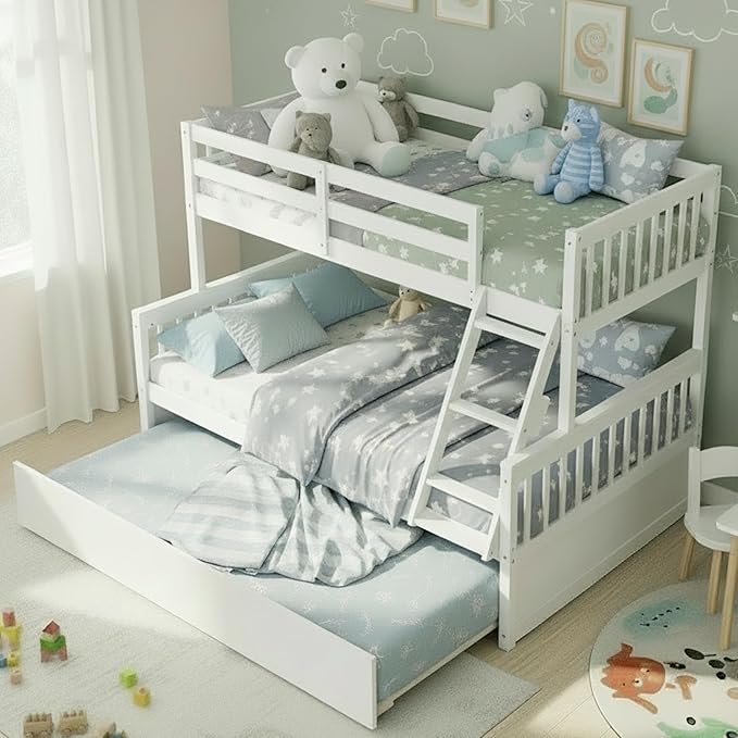 KOMFOTT Wood Twin Over Full Bunk Bed with Trundle, Bunk Bed Frame with Solid Pine Wood Frame, Space-Saving Bed Frame with Ladder & Safety Guardrails, No Box Spring Needed