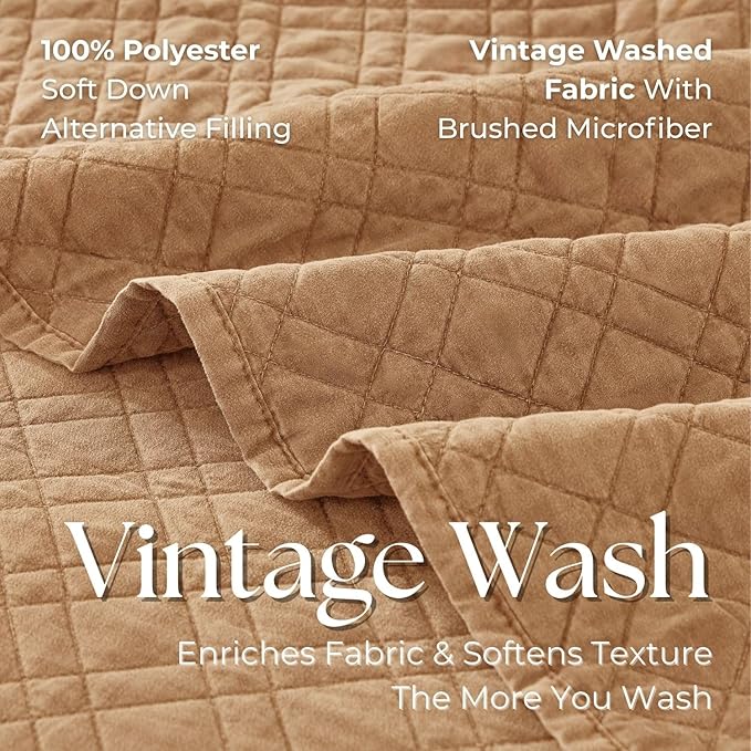 Cali King Quilt Set with Shams Lightweight Quilted Bedspread Coverlet Thin Comforter Bed Cover Vintage Washed Quilted Blanket for All Season, Brushed Microfiber Diamond Stitching, Brown, 111"x92"