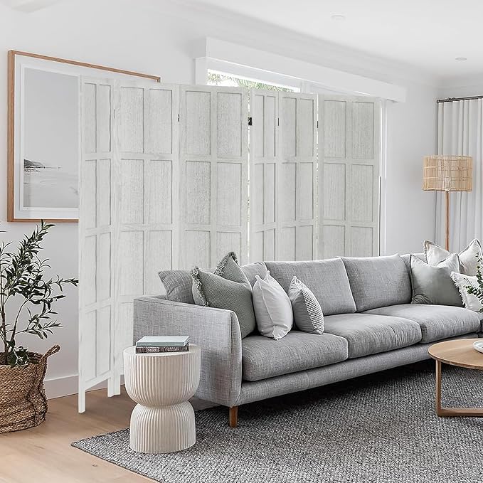 6 Panel Room Divider, 5.6Ft Wood Room Dividers and Folding Privacy Screens, Room Divider Wall Freestanding Room Partitions, Room Dividers Screen for Home Office Bedroom, White