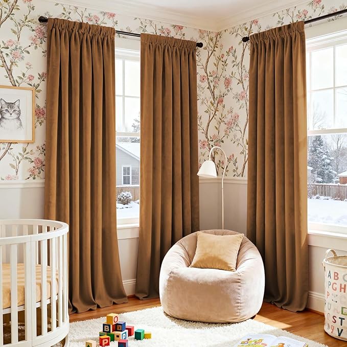 Lazzzy Velvet Blackout Curtains Thermal Insulated Room Window Drapes Super Soft Luxury Curtains for Living Room Bedroom Rod Pocket 2 Panels, Gold Brown, 42" W x 108" L
