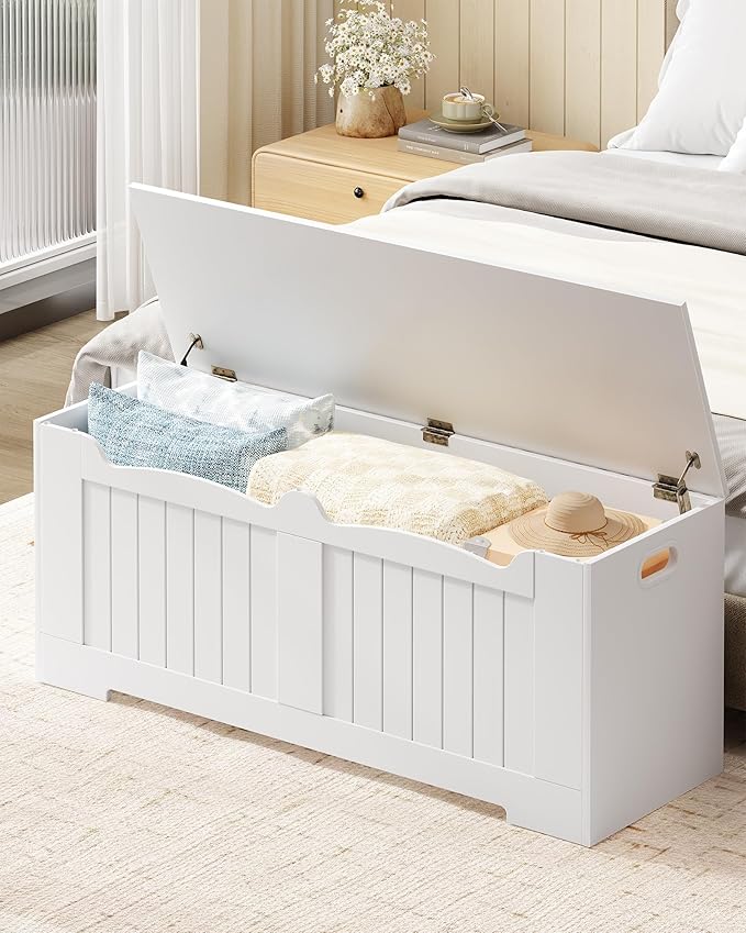 Hzuaneri 47.2" Storage Chest, Extra Large Storage Bench Trunk with 2 Hinges, Wooden Box, Lift-Top Chest Organizer, Shoe Bench for Entryway, Bedroom, Living Room, White SB28603X