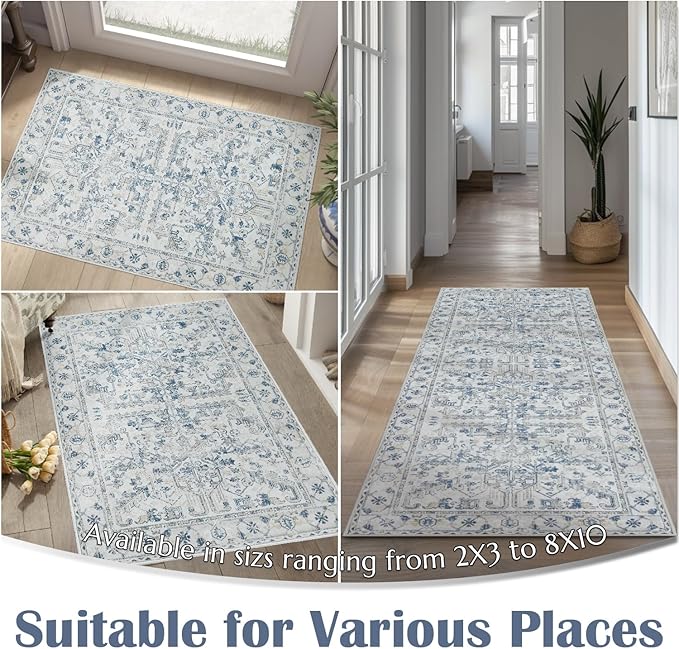 jinchan Lima Hallway Runner Rug 3x10 Washable - Vintage Floral Non Slip Low-Pile Soft Ultra-Thin Faux Wool Kitchen Rug Distressed Carpet Runner for Farmhouse Bedroom Laundry (3x10ft, Blue)