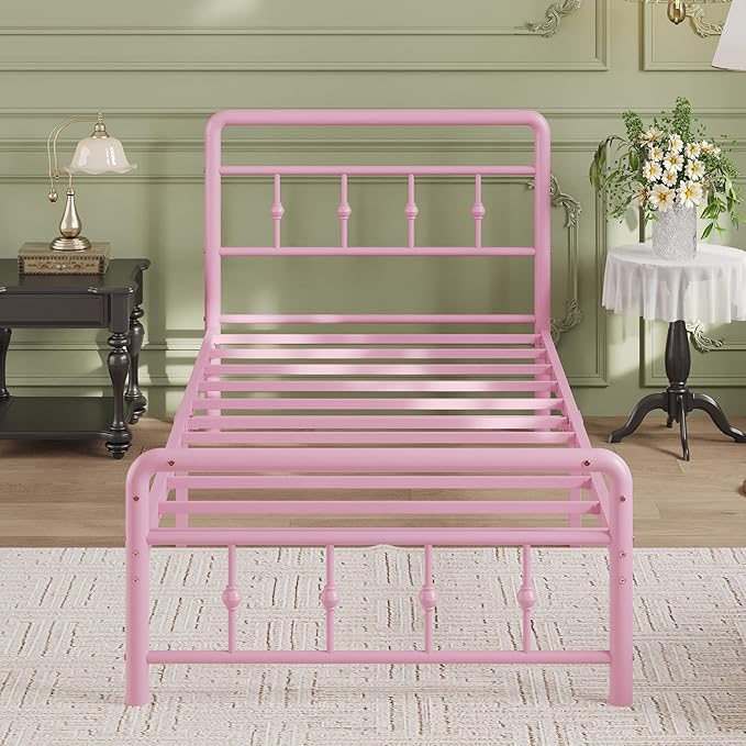 12 Inch Twin XL Bed Frames with Headboard and Footboard, Heavy Duty XL Twin Metal Mattress Foundation No Box Spring Needed, Noise Free, Easy Assembly, Pink