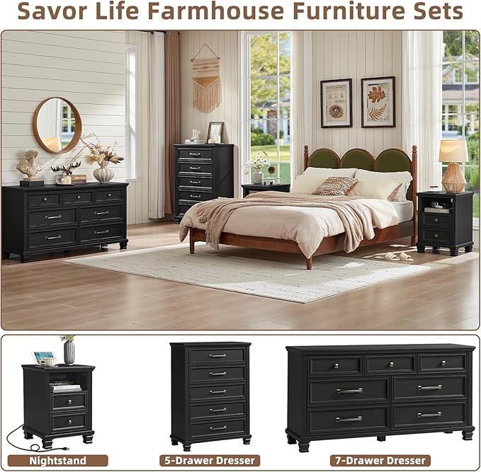 SAVOR LIFE Farmhouse Side Table with Charging Station, Rustic Black Nightstand,2 Drawers End Table for Living Room,Bedside Table with Open Shelf for Bed Room,Black