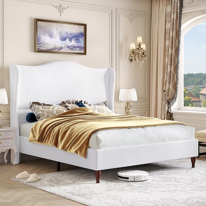 koorlian Full Size Bed Frame with 51" Tall Headboard, Fully Upholstered Platform Bed Frame with with Soft Fabric, Sleigh Wingback, Solid Wood Retro Legs, Modern Minimalist Style, Easy Assembly, White