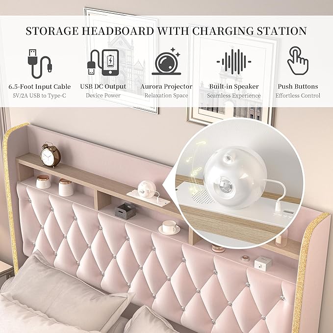 Twin LED Bed Frame with Storage Drawer, Velvet Upholstered Platform Beds with Galaxy Star Projector and Speaker, Aurora Bedframe with 2-Tier Storage Headboard for Small Bedroom Apartment, Pink
