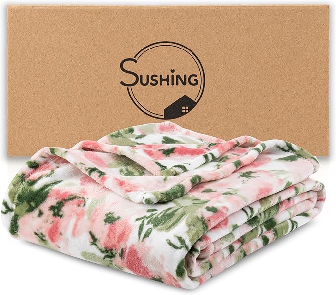 Luxury Printed Fleece Warm Blanket, Soft Lightweight Velvety Plush Throw for Couch and Bed, Cozy Comfy for All Seasons(Ivory Pink Flowers, 90×90 Inches)