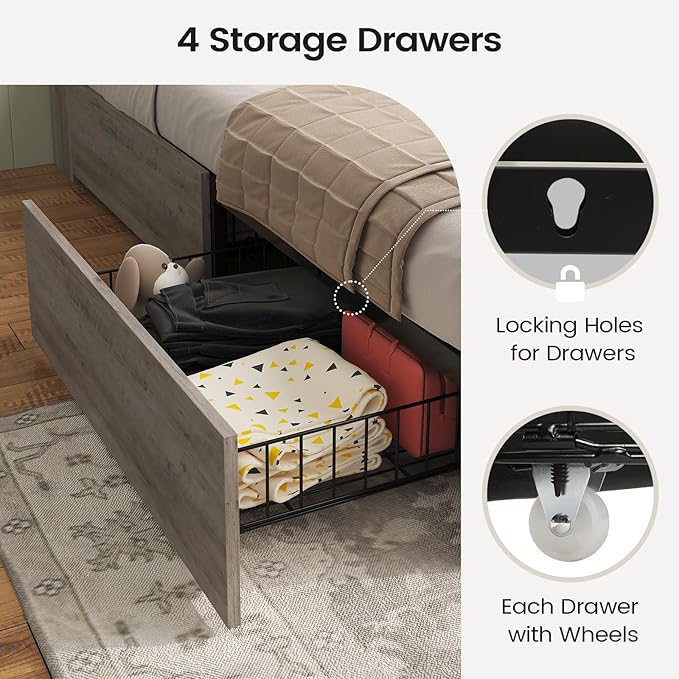 AOGLLATI Farmhouse Queen Bed Frame with 4 Storage Drawers and Led Lights, Wooden Bed Frame Queen Size with Hidden Space Bookcase Headboard and Led Lights & Metal Slats, Grey