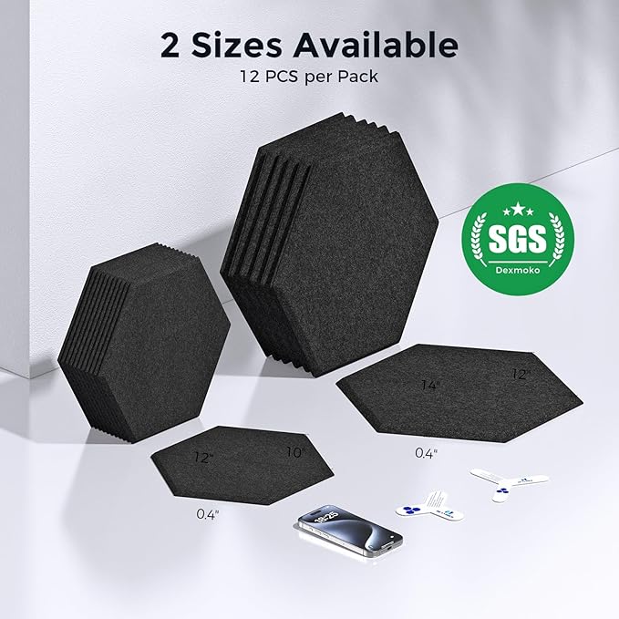 Self-Adhesive Acoustic Panels [390 lbs/yd³ Ultra-High Density], 2nd Generation Sound Absorbing Panel, Professional Level Sound Panel, Polyester Soundproof Foam [Size L, Black]