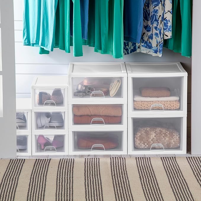Sterilite 18-Pack 6 Quart Stacking Drawer, Clear Storage Closet Organizer, White Frame - Stackable Modular Plastic Drawers for Clothes, Accessories, Craft Supplies, Shoes or Linens