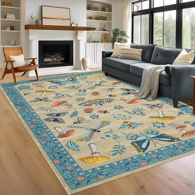 Mushroom Insect 8x10 Area Rugs, Washable Rugs for Living Room Non Slip Stain Resistant Low Pile Modern Butterfly Carpet for Bedroom Dining Room Nursery Playroom Office, Khaki Blue