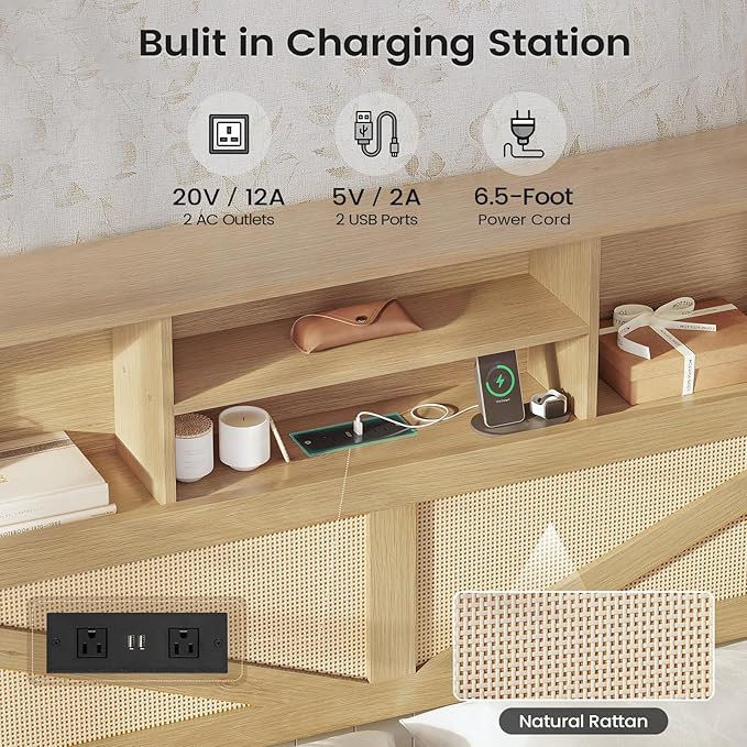 AOGLLATI Full Size Bed Frame with 4 Storage Drawers and Natural Rattan 2-Tier Bookcase Hidden Headboard, Boho Led Bed Frame Full Size with Charging Station, No Box Spring Needed, Wood