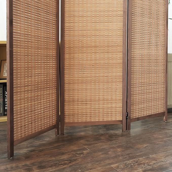 Furnnylane 3 Panel Bamboo Room Divider and Folding Panel Screen,Bamboo Panel Divider for Room Separation,Brown,67" H x 46" W