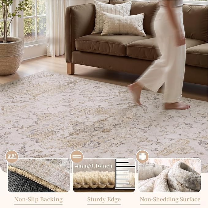 PADOOR 6X9 Area Rug,Rugs for Living Room,Soft Beige Rugs for Bedroom,Machine Washable Rug Non Slip Carpet for Dining Room Living Room Bedside Office
