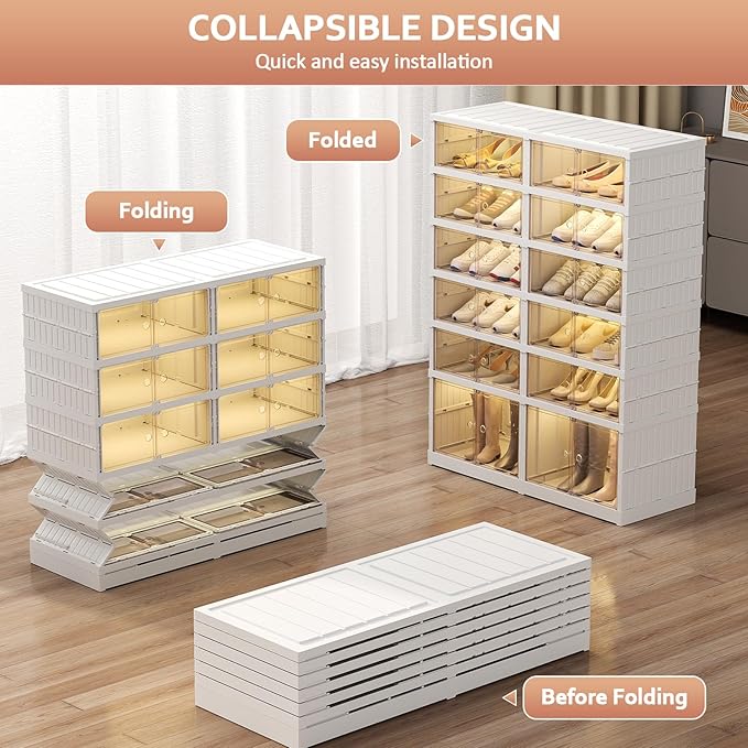 Shoe Rack Organizer for Closet Entryway Foldable Sneaker Storage Shoe, Collapsible Shoe Cabinet, Stackable Shoe Storage Cabinet with Lids for Living Room (6 Tiers 24 Pairs)