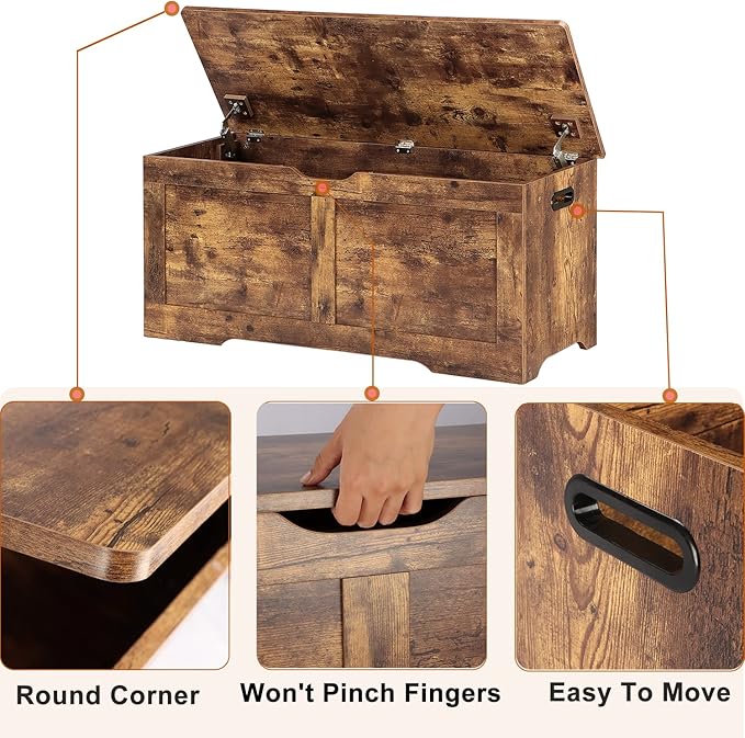 Timberer 39.4" Storage Chest, Wooden Storage Bench, Lift Top Toy Chest with 2 Safety Hinges, Large Toy Box, Entryway Bench for Living Room, Bedroom, Rustic Brown