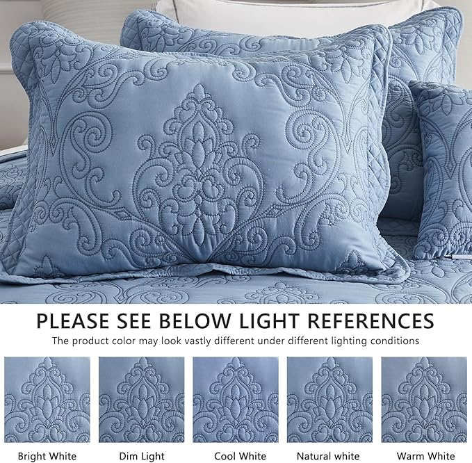 CHIXIN Oversized Bedspread Coverlet Set King Size - Lightweight Bedding Cover - Beautiful Stitching - 5 Piece Reversible Bedspread - Luxury Damask Paisley Pattern (King, Ashley Blue)