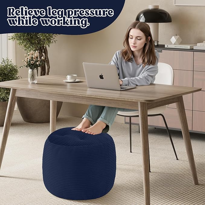 MeMoreCool Stuffed Round Pouf Ottoman Foot Rest, Floor Pouf Foot Stool with Soft Foam Chunk Filling, Round Small Ottoman Footstool Circle Footrest for Couch Living Room, Corduroy Navy