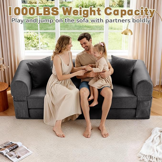 Convertible Sleeper Sofa Bed,78.5 Inch Faux Leather Futon Couch with Pillows & Storage Pocket,5-in-1 Folding Sofa Bed Queen with Pull Out Beds,Boneless Couches for Living Room,Couch in a Box,Gray