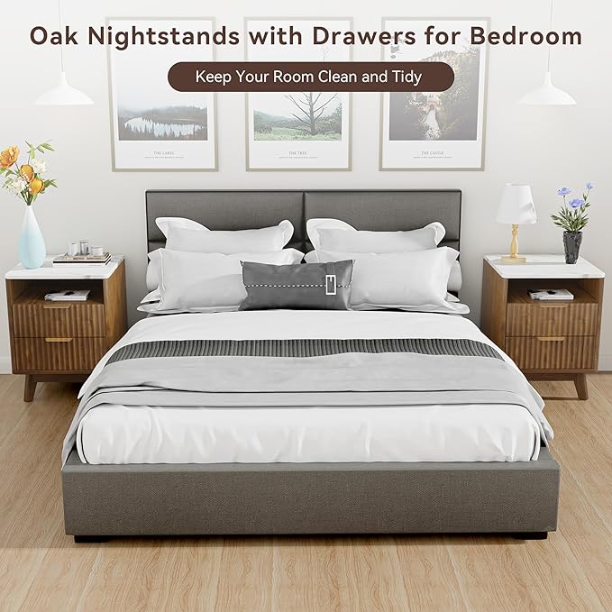 Fluted Nightstand with 2 Drawers, 18" Modern Night Stand with Faux Marble Top, Open Storage Shelf, Curved Edge Bedside Table for Bedroom, End Side Table (1, Walnut)
