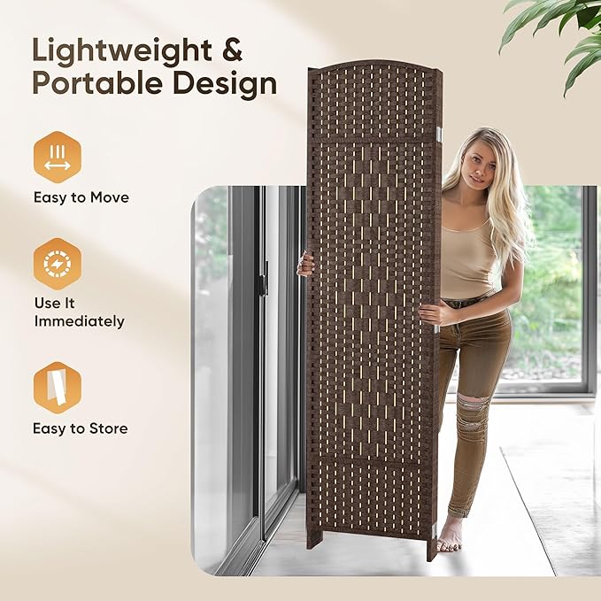 JOSTYLE Room Divider 4 Panel Portable Room Divider Panel Wall, 6ft Tall Divider for Room Separation, Folding Privacy Screen Panel, Freestanding Partition Screen, Chestnut Brown