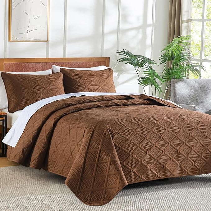 Yiran Brown Quilt Set Queen Size, 3 Piece Reversible Bedspreads Bedding Set, Winter Diamond Pattern Coverlet for All Season with 2 Pillow Shams (Full/Queen, 96x90 Inch)