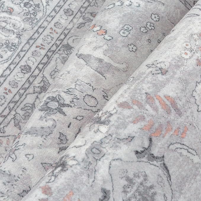 Grey 2x8 Runner Rug Washable Vintage Long Carpet for Hallway Kitchen Soft Retro Floral Low Pile Indoor Runner Non Slip Central Medallion Throw Rug for Bathroom Bedroom Laundry Dining Room