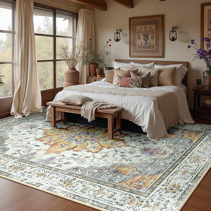 Area Rugs 10'x12' Washable Non-Slip, Floral Vintage Distress Print Pattern Medallion Carpet for Living Room Bedroom Dining Room, Light Yellow Carbon Grey Orange