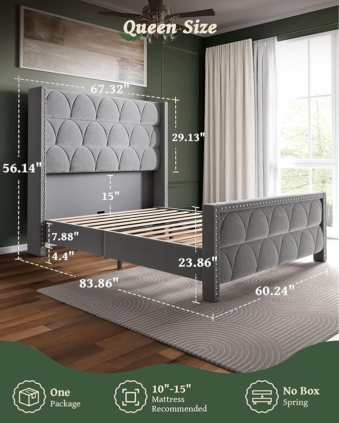 Queen Size Bed Frame with 56" Headboard - Velvet Upholstered Wingback Platform Bed Frame, Noise Free, Sturdy Wooden Slat Support (Deep Gray, Queen)