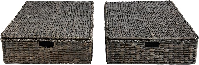 happimess BSK2015C-SET2 Holden 30" Classic Costal Hand-Woven Hyacinth Wicker Under Bed Storage Basket with for Storage and Decoration in Bathroom, Bedroom, Closet, Entryway, Black (Set of 2)