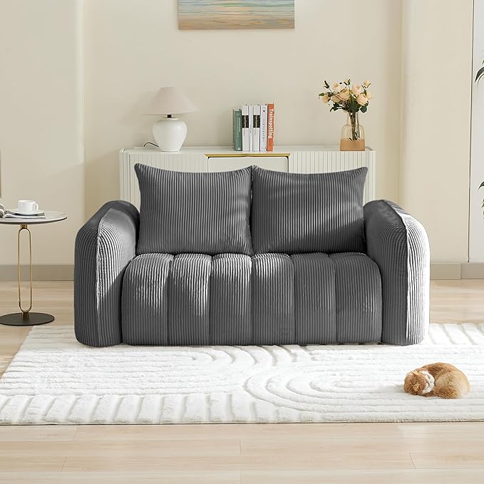 66'' Boneless Corduroy Loveseat Sofa, 2 Seater Tufted Deep Seat Couch with Rounded Armrest, Upholstered Cloud Couch for Living Room, Bedroom, No Assembly, Grey