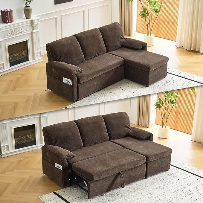 VINGLI Convertible Sofa Bed Couches for Living Room, Sleeper Sofa with Pull Out Couch Bed, Cloud-Like Plush Fleece L-Shape Sectional Couch with Storage Chaise, USB Charging, Side Pockets (Dark Brown)