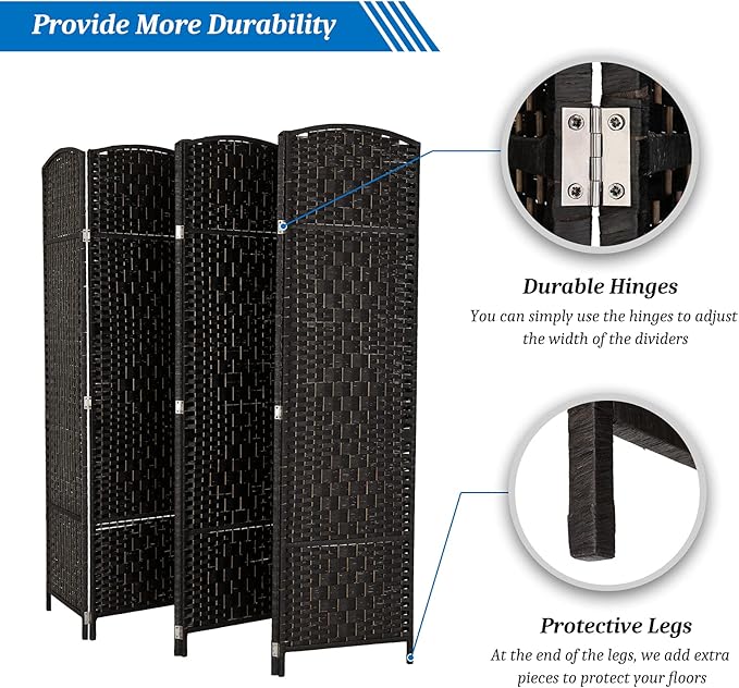 VINGLI 6-Panels Tall Rattan Room Divider, 6 FT Folding Privacy Screen, Indoor Partition Wall Dividers, Freestanding Hinged Space Separator (Black)
