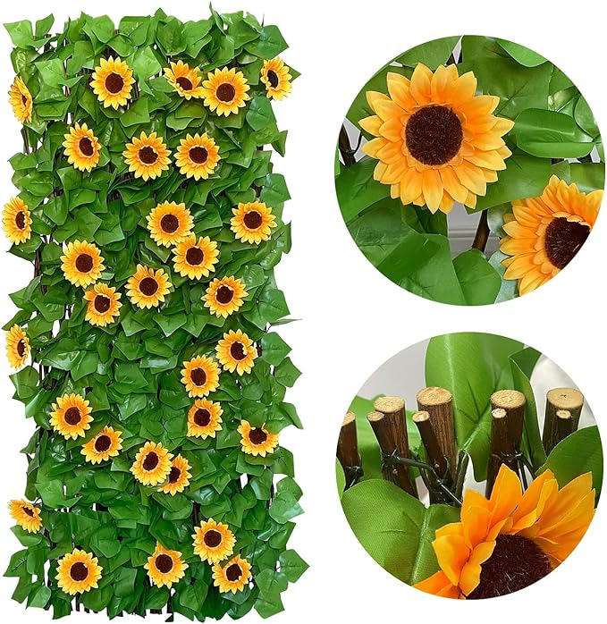 GLANT Expandable Fence Privacy Screen for Balcony Patio Outdoor,Decorative Faux Ivy Fencing Panel,Artificial Hedges (Single Sided Leaves) (2, Sunflowers)