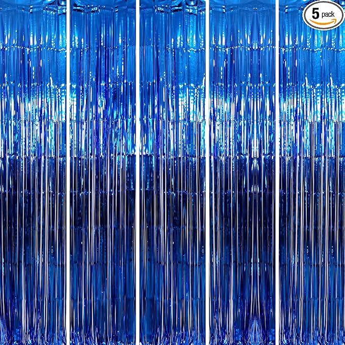 GOER 3.2 ft x 9.8 ft Metallic Tinsel Foil Fringe Curtains Party Photo Backdrop Party Streamers for Birthday,Graduation,New Year Eve Decorations Wedding Decor (Navy Blue,5 pcs)