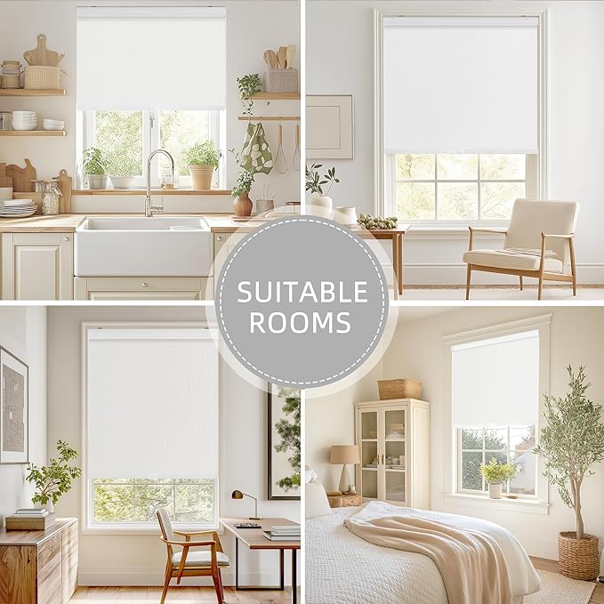 ChrisDowa Cordless Blackout Roller Shades for Windows, Striped Free-Stop Window Blinds with Privacy, Thermal Insulated Window Shades for Home, Office and Door. White, 46" W x 72" H