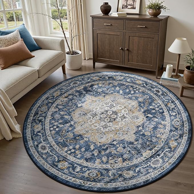 PADOOR 6FT Round Rug,Rugs for Living Room,Soft Blue Circle Rug,Machine Washable Rugs for Bedroom,Non Slip Carpet,Rug for Dining Room Living Room Bedside Office