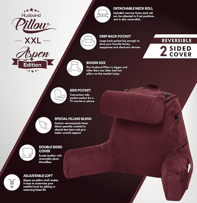 Husband Pillow XXL Aspen Edition, Adult Reading Sit Up Bed Rest Pillow for Bed with Arms & Neck Roll on Bungee Cord, Premium Memory Foam, Reversible 2 Sided Cover Micro Suede or Plush, Arizona Maroon