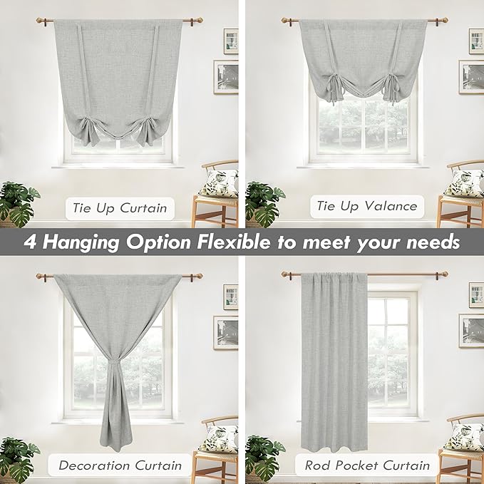 DriftAway Double Layer Linen Blackout Tie Up Curtains Thermal Insulated Fully Lined Balloon Roman Shade Bathroom Window Adjustable Rod Pocket for Small Window 45 Inch by 63 Inch Gray