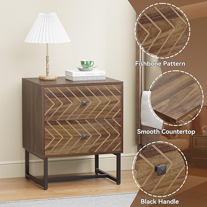 Modern Nightstand Set of 2,Morden Night Stand with 2 Drawers,End Tables with Storage,Bedside Tables for Bedroom,Walnut