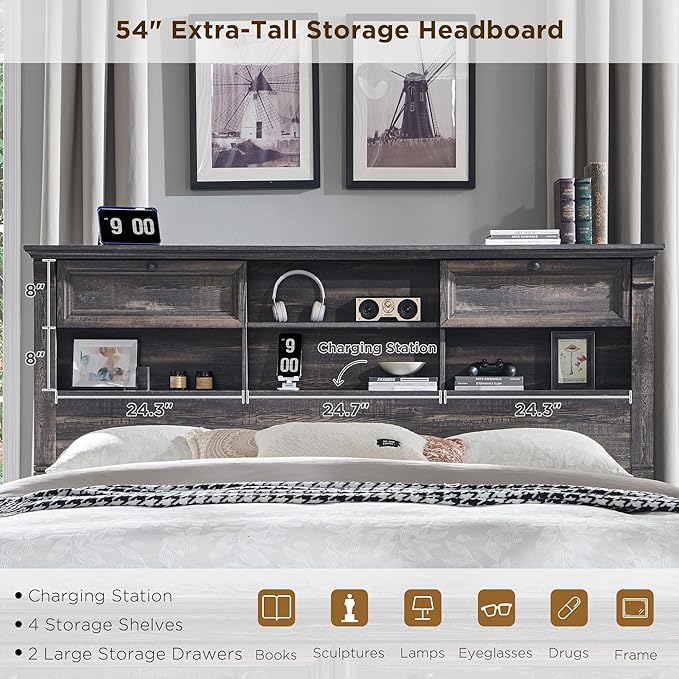 Farmhouse King Size Bed Frame with 54" Tall Storage Bookcase Headboard, Wood Platform Bed Frame with 18" Tall Roman Column Decoration Footboard & 2 Drawers, No Box Spring Needed(Dark Rustic Oak)
