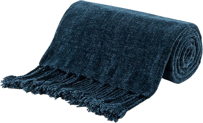 BATTILO HOME Navy Blue Chenille Throw Blanket for Couch, Bed, Sofa - Soft Cozy Chenille Knitted Throw Blanket with Handmade Fringe Tassels, Lightweight Knit Throw for Home Decor, 50"x60"