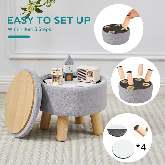 FIMIVIBI Small Foot Stool Ottoman with Storage, Soft Faux Fur Ottoman Foot Rest for Couch, Round Footstool with Storage, Small Ottomans and Footstools for Living Room and Entryway (Gray)