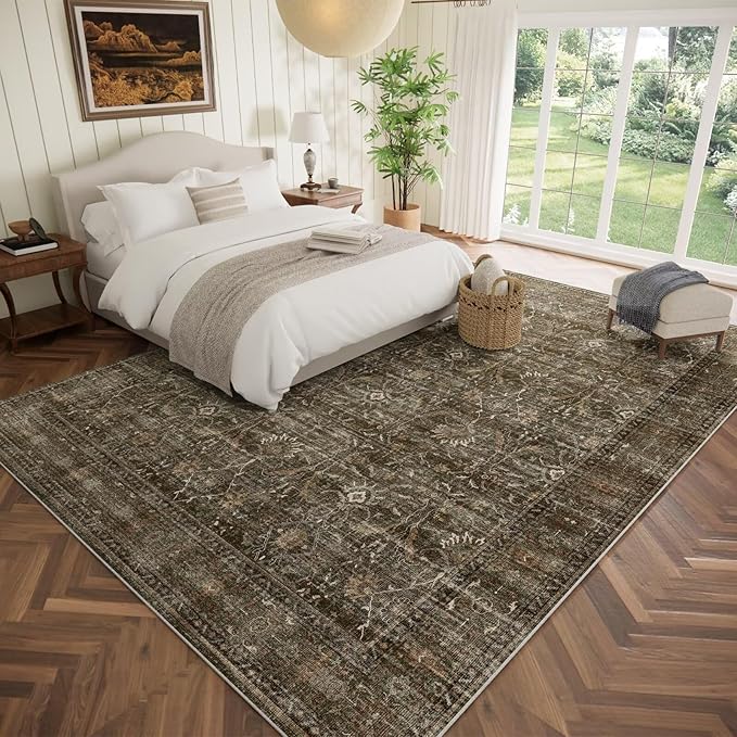 Washable 10x14 Area Rugs for Living Room, Boho Non-Slip Vintage Distress Large Rugs for Bedroom Dining Room Office, 0.3" Neutral Oriental Throw Thin Carpet, Rust/Multi