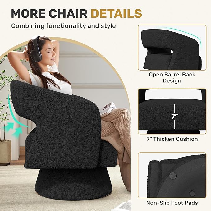 Swivel Accent Chair Set of 2, Modern Comfy Teddy Barrel Chairs, Oversized Upholstered Round Arm Chair for Living Room, Bedroom, Reading Room, Black